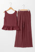 Solid Color Ribbed Ruffle Tank Top and Pants Set